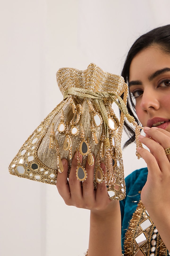 Gold Georgette Mirror Embroidered Potli by Forever Noor at Pernia's Pop Up Shop