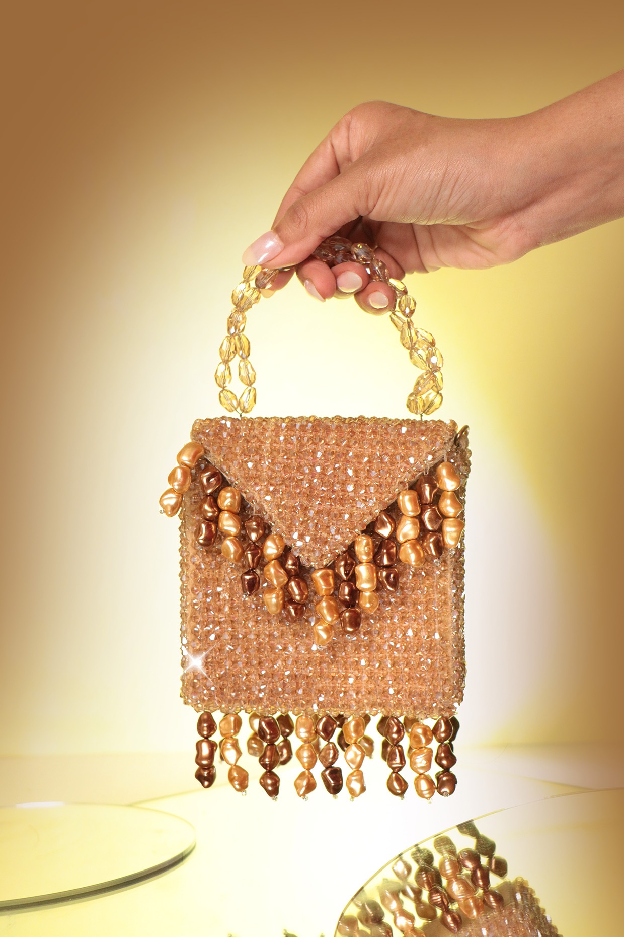 Golden Crystal Beaded & Stone Pearl Mini Bag by Forever Noor at
