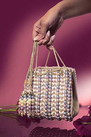 Beige Suede Freshwater Pearl & Beadwork Bag by Forever Noor