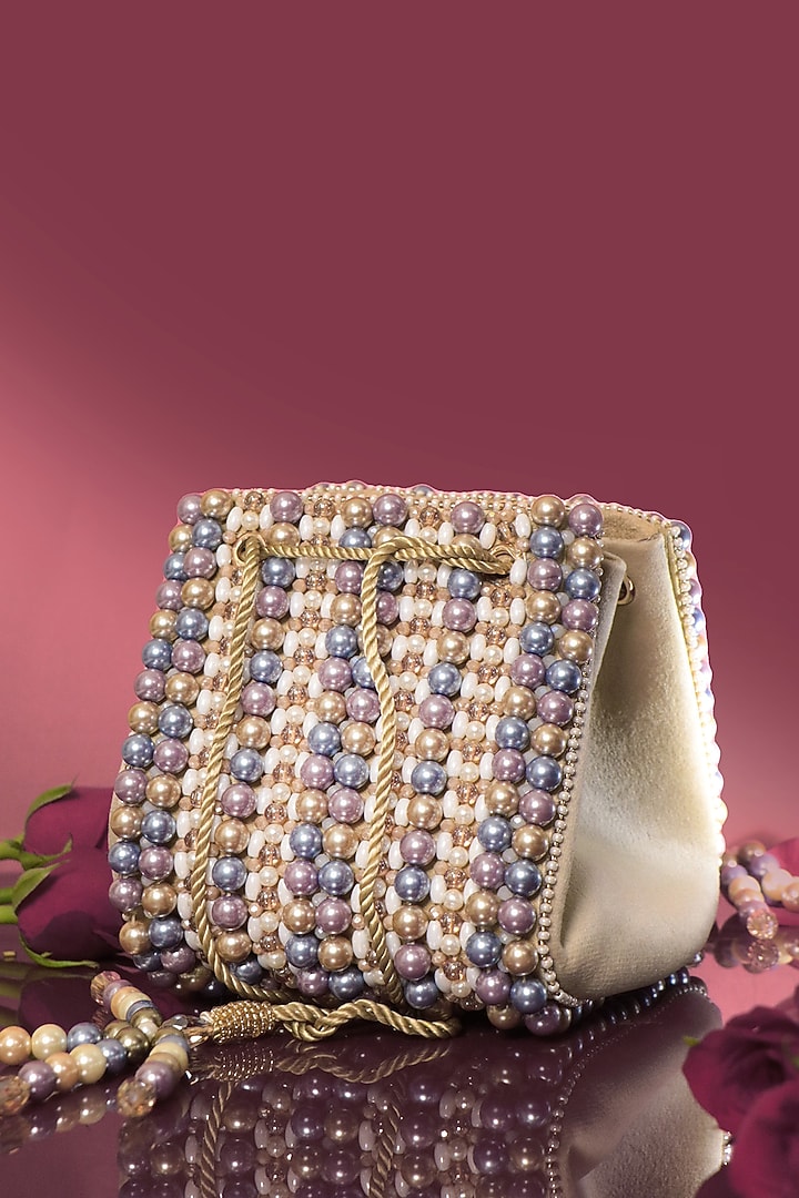 Beige Suede Freshwater Pearl & Beadwork Bag by Forever Noor at Pernia's Pop Up Shop