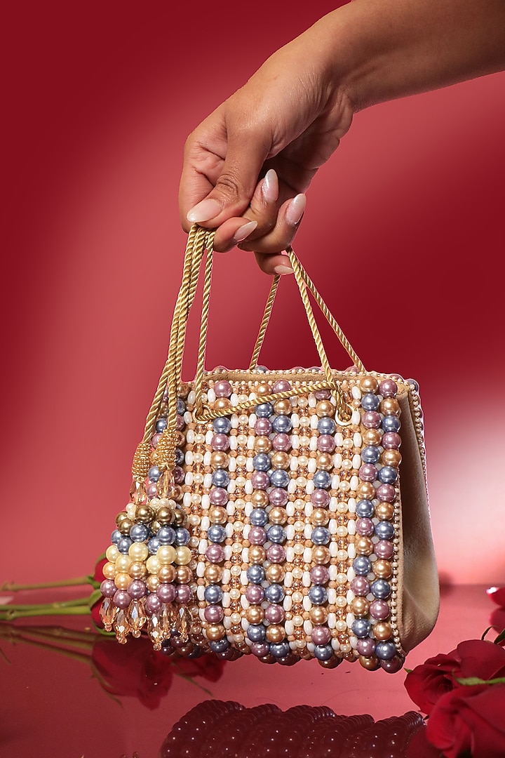 Beige Suede Freshwater Pearl & Beadwork Bag by Forever Noor at Pernia's Pop Up Shop