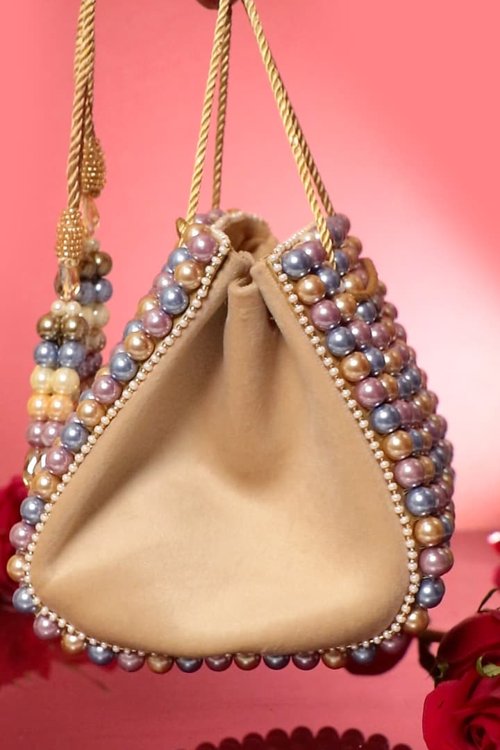 Beige Suede Freshwater Pearl & Beadwork Bag by Forever Noor at Pernia's Pop Up Shop
