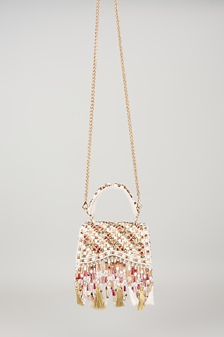 White Georgette Crystal Work Box Bag by Forever Noor
