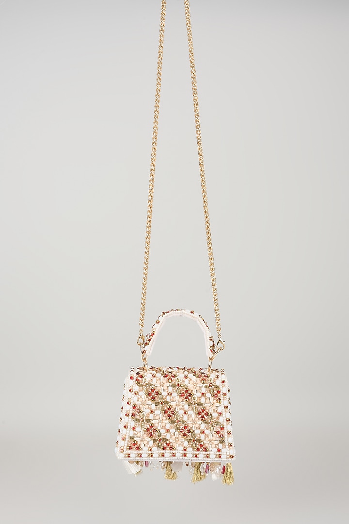 White Georgette Crystal Work Box Bag by Forever Noor at Pernia's Pop Up Shop