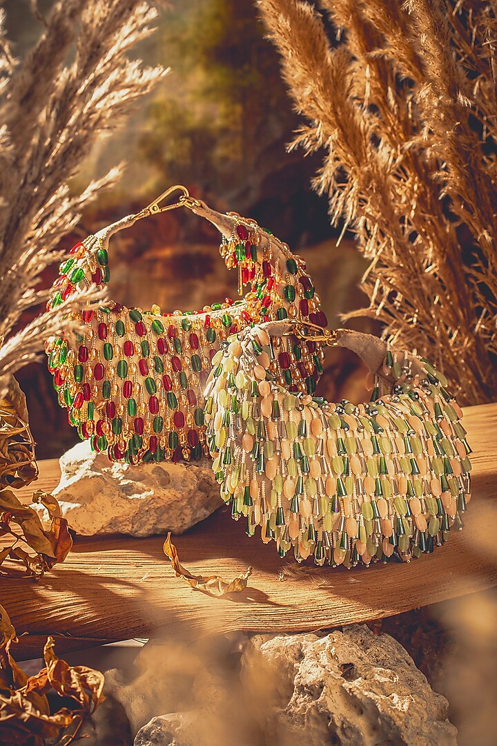 Beige Suede Embellished Nano Stone Boat Bag by Forever Noor at Pernia's Pop Up Shop