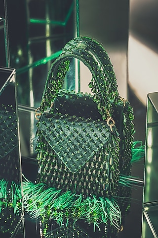 Green Suede Embellished Mini Bag by Forever Noor