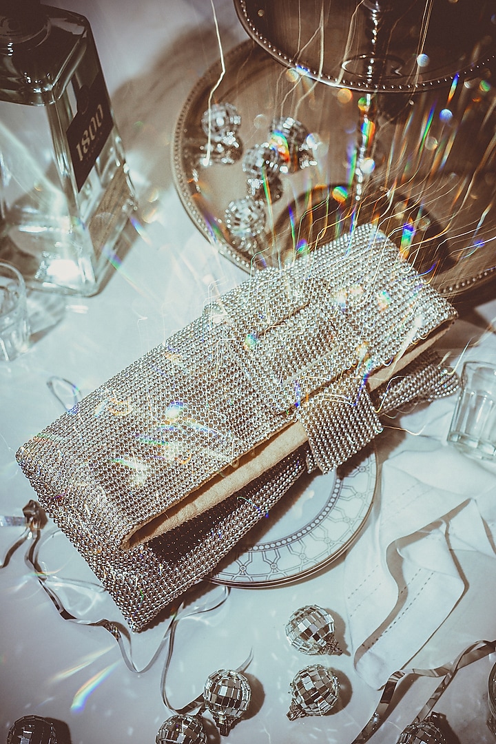 Silver Suede Embellished Clutch by Forever Noor at Pernia's Pop Up Shop