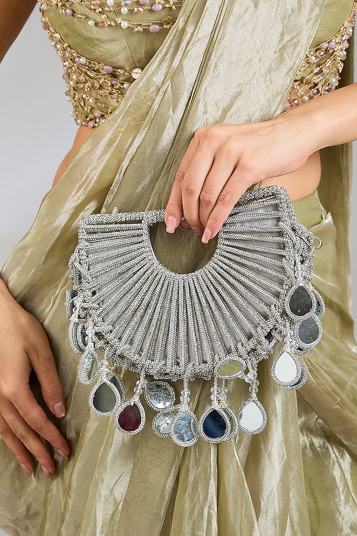 Silver Rhinestone & Mirror Applique Embellished Halo Bag by Forever Noor at Pernia's Pop Up Shop