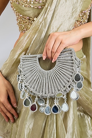 Silver Rhinestone & Mirror Applique Embellished Halo Bag by Forever Noor