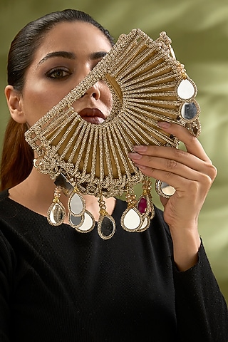 Gold Thread Crystal Beads Embellished Halo Bag by Forever Noor