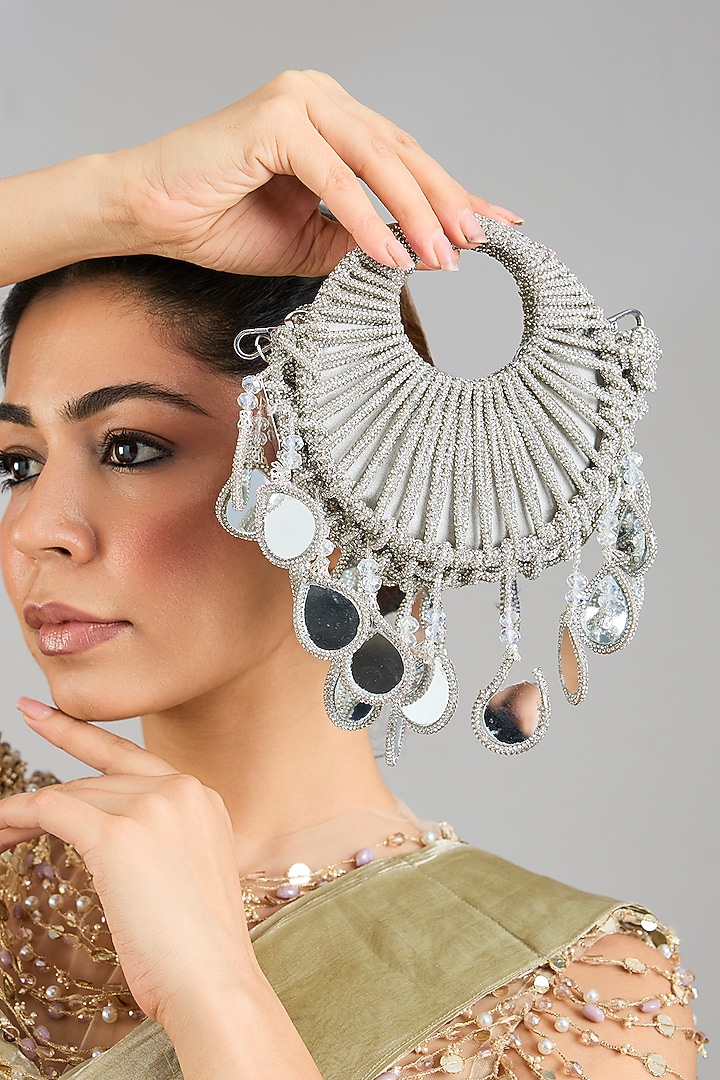 Silver Mirror Applique & Glass Beads Embellished Halo Bag by Forever Noor at Pernia's Pop Up Shop