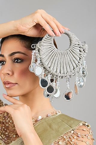 Silver Mirror Applique & Glass Beads Embellished Halo Bag by Forever Noor