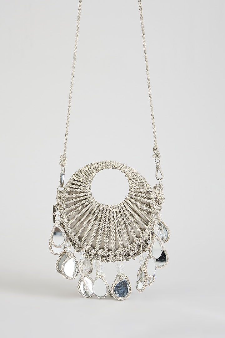 Silver Mirror Applique & Glass Beads Embellished Halo Bag by Forever Noor at Pernia's Pop Up Shop