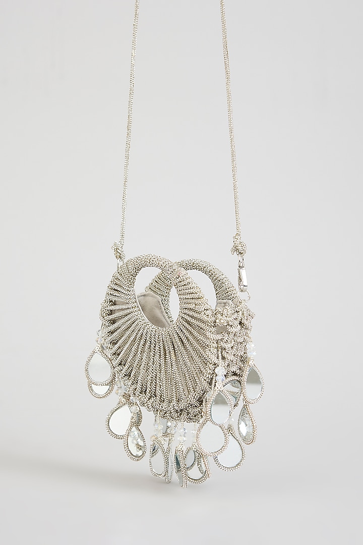 Silver Mirror Applique & Glass Beads Embellished Halo Bag by Forever Noor at Pernia's Pop Up Shop