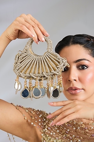Gold Glass Beads & Mirror Applique Embellished Mini Heart Bag by Forever Noor