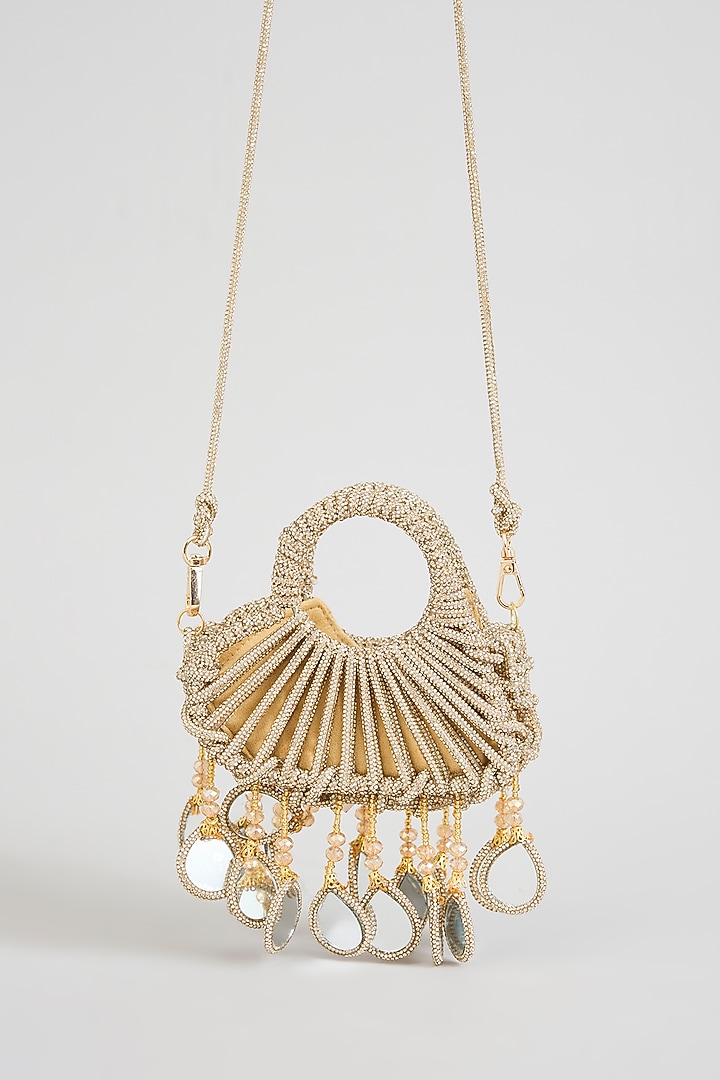 Gold Glass Beads & Mirror Applique Embellished Mini Heart Bag by Forever Noor at Pernia's Pop Up Shop