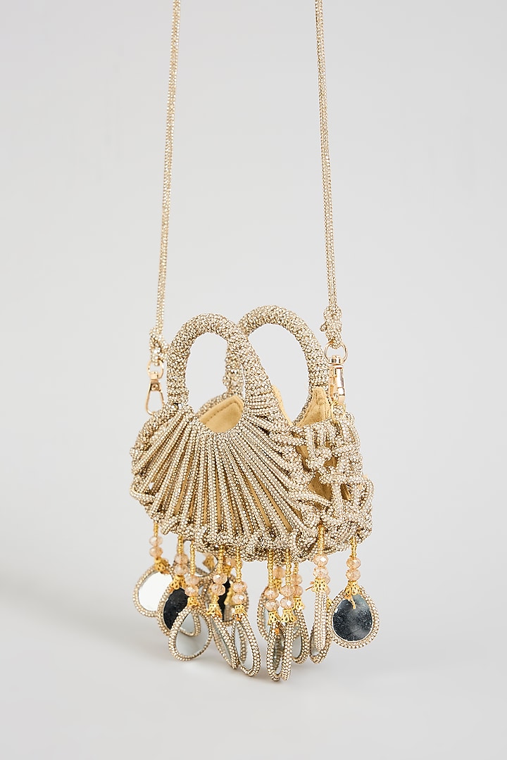 Gold Glass Beads & Mirror Applique Embellished Mini Heart Bag by Forever Noor at Pernia's Pop Up Shop