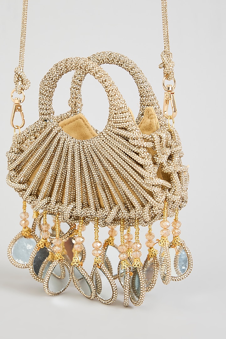Gold Glass Beads & Mirror Applique Embellished Mini Heart Bag by Forever Noor at Pernia's Pop Up Shop