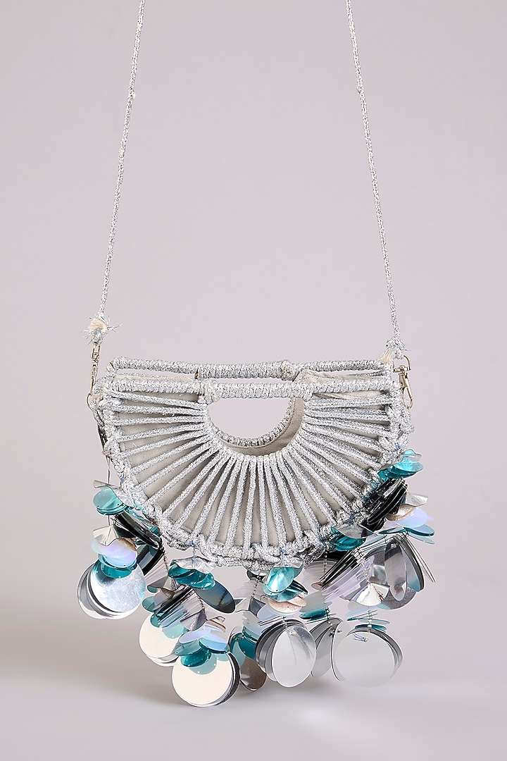 Silver Thread Crystal Beads Embellished D-Cut Halo Bag by Forever Noor at Pernia's Pop Up Shop
