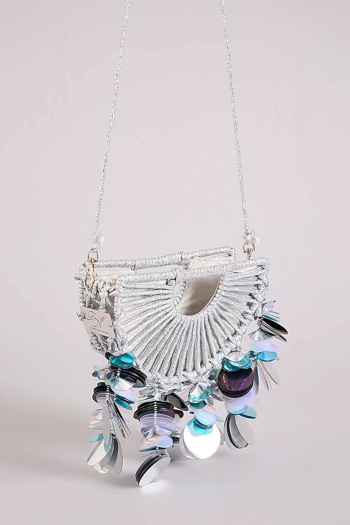 Silver Thread Crystal Beads Embellished D-Cut Halo Bag by Forever Noor at Pernia's Pop Up Shop