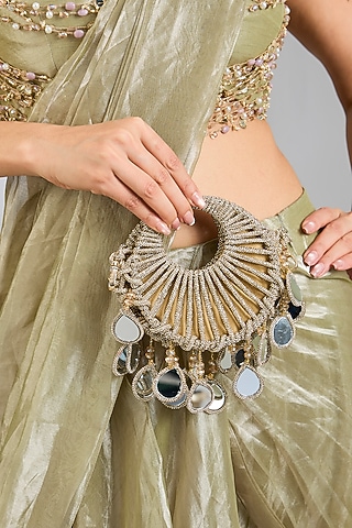 Gold Glass Beads & Mirror Applique Embellished Halo Bag by Forever Noor