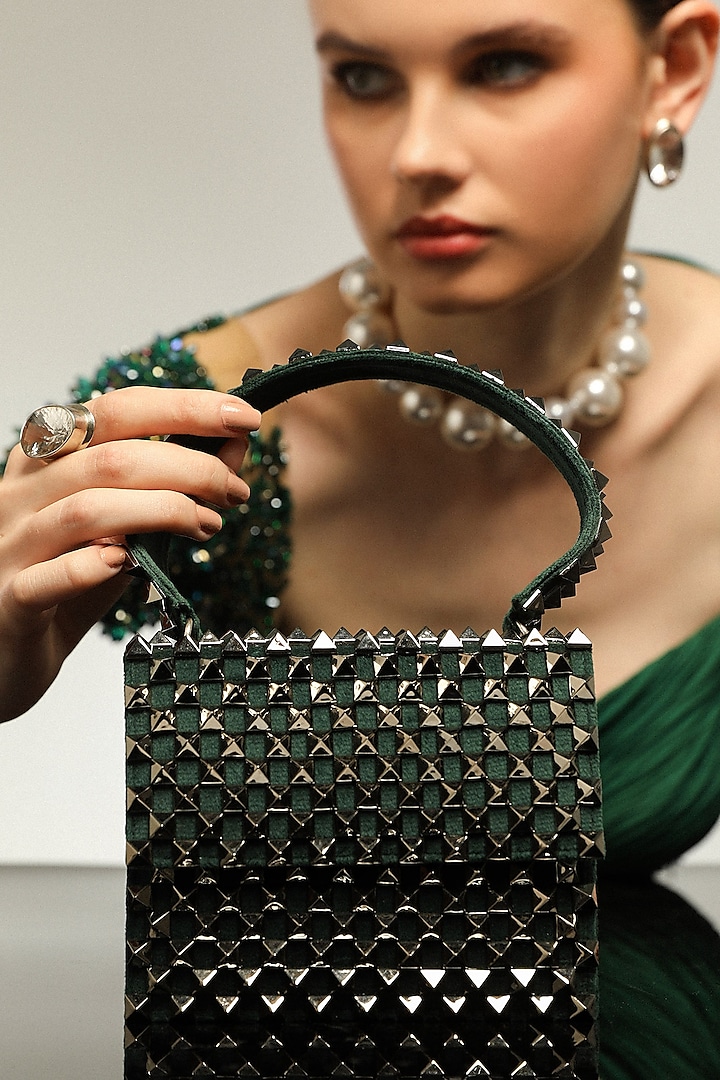 Green Semi Suede Embellished Mini Box Bag by Forever Noor at Pernia's Pop Up Shop