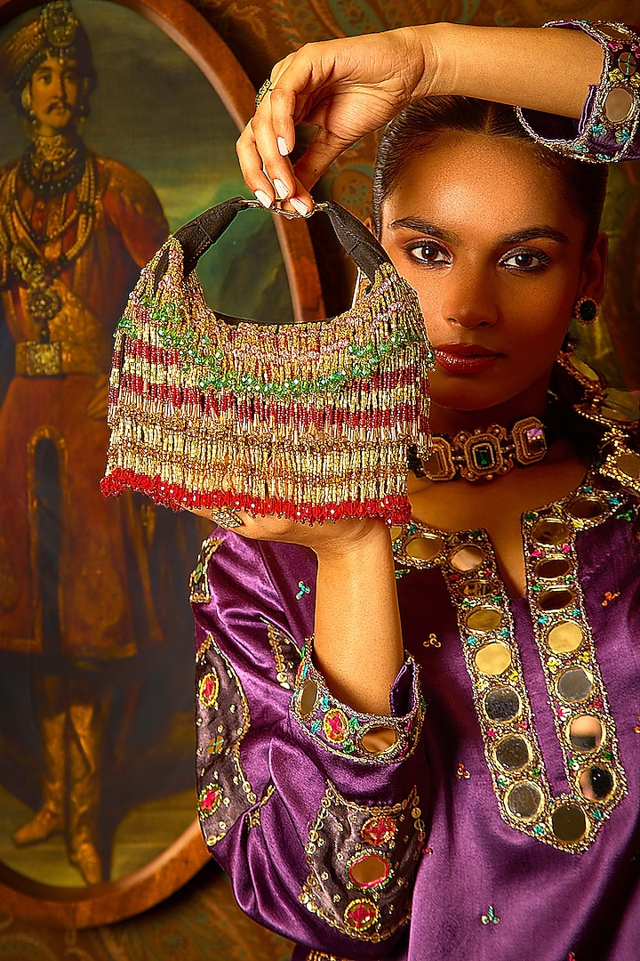 Gold & Red Velvet Glass Bead Hand Work Bag by Forever Noor at Pernia's Pop Up Shop