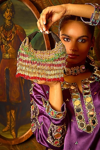 Gold & Red Velvet Glass Bead Hand Work Bag by Forever Noor