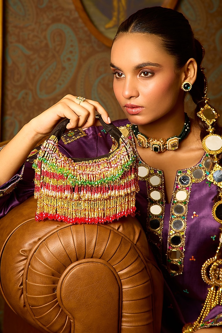 Gold & Red Velvet Glass Bead Hand Work Bag by Forever Noor at Pernia's Pop Up Shop