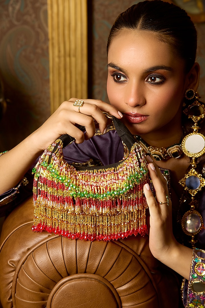 Gold & Red Velvet Glass Bead Hand Work Bag by Forever Noor at Pernia's Pop Up Shop