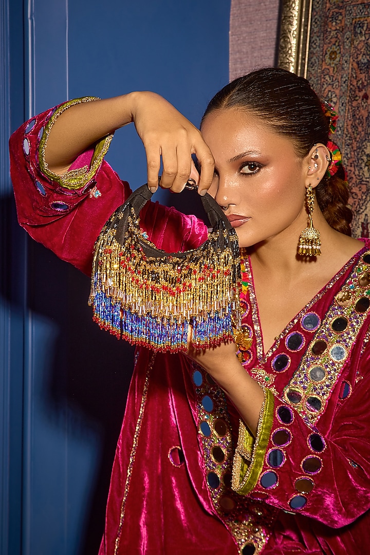 Gold & Blue Velvet Glass Bead Hand Work Bag by Forever Noor at Pernia's Pop Up Shop