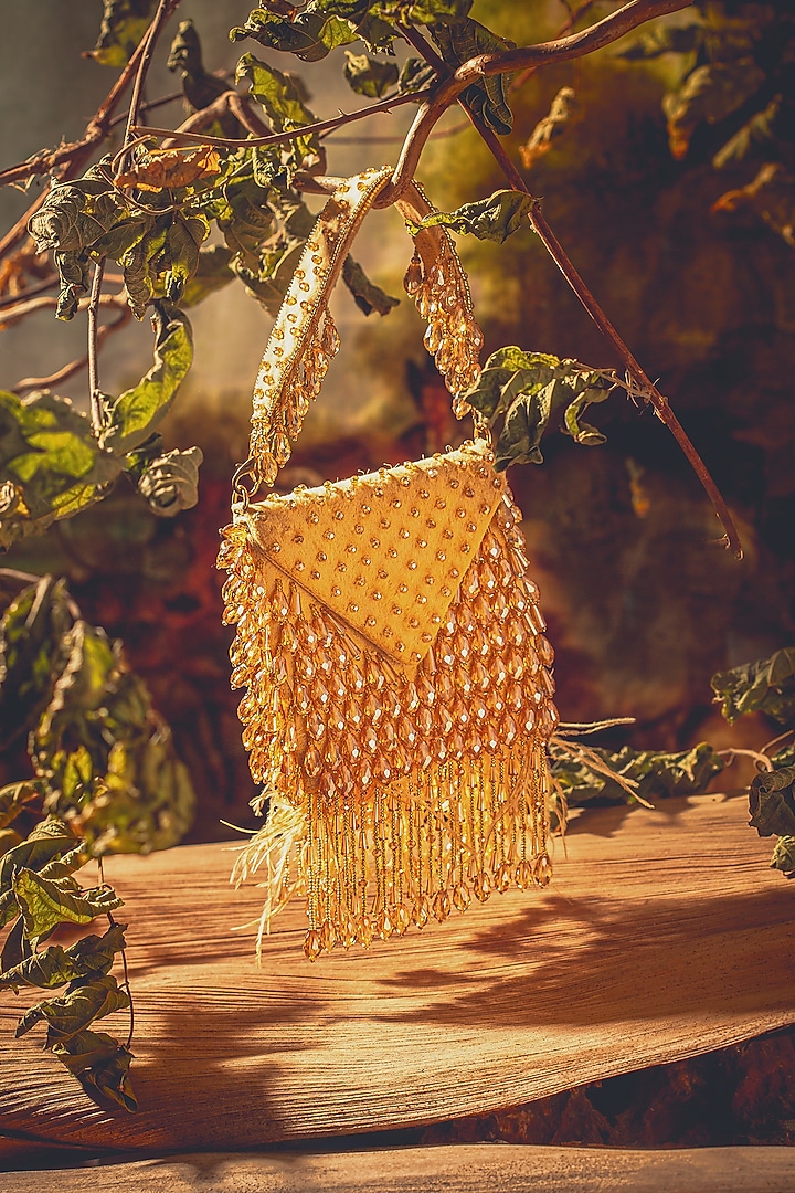 Gold Suede & Rexine Crystal Embellished Mini Bag by Forever Noor at Pernia's Pop Up Shop