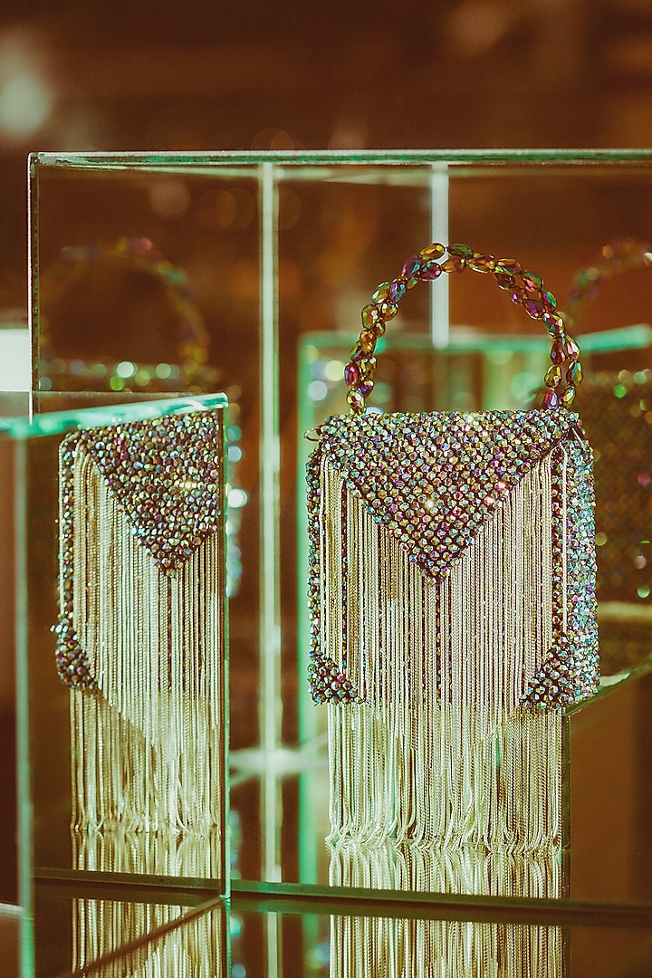 Multi-Colored Suede & Rexine Crystal Embellished Mini Bag by Forever Noor at Pernia's Pop Up Shop