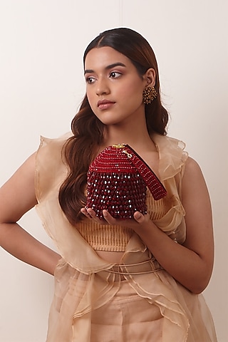 Deep Red Hand Embroidered Bucket Bag by Forever Noor