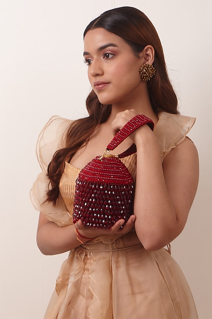 Deep Red Hand Embroidered Bucket Bag by Forever Noor at Pernia's Pop Up Shop