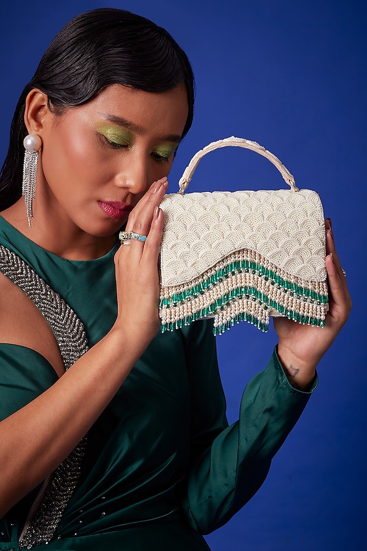 White Georgette Crystal & Mirror Work Box Bag by Forever Noor at Pernia's Pop Up Shop