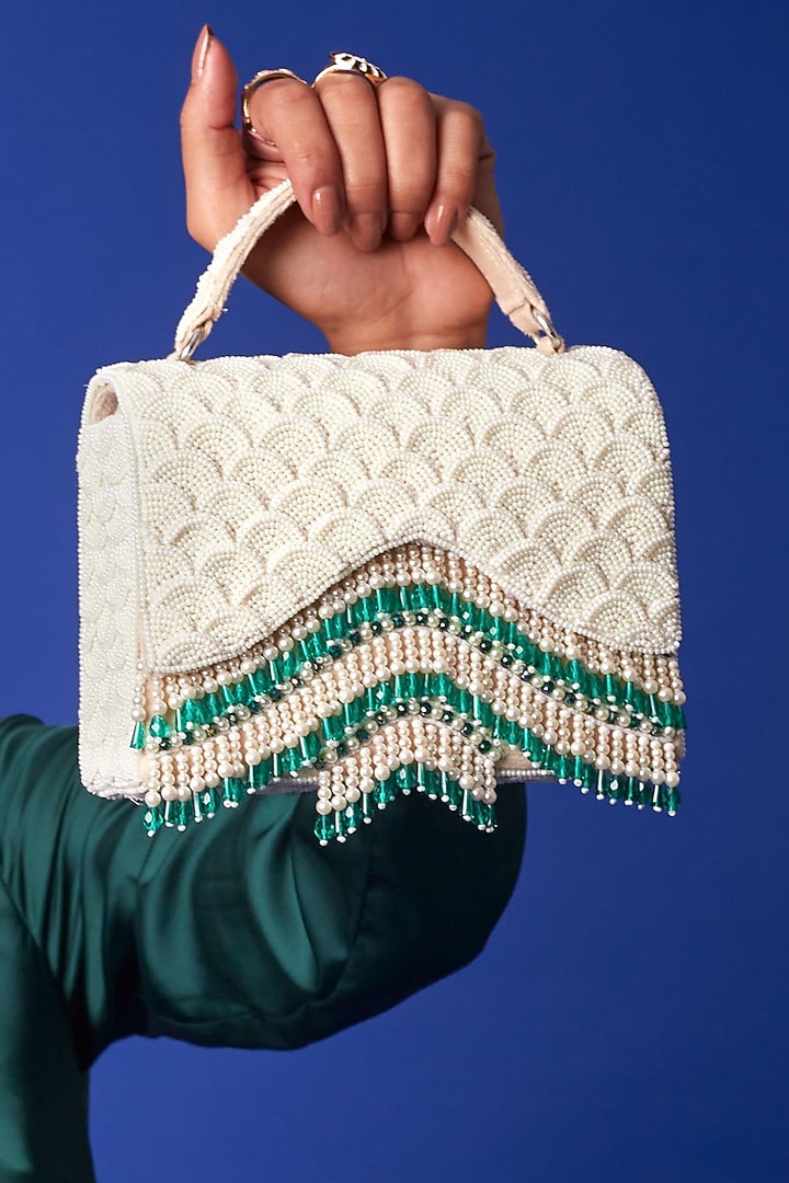 White Georgette Crystal & Mirror Work Box Bag by Forever Noor at Pernia's Pop Up Shop
