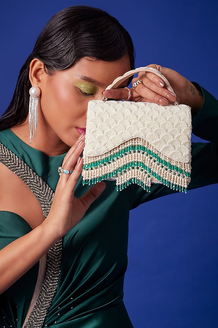 White Georgette Crystal & Mirror Work Box Bag by Forever Noor at Pernia's Pop Up Shop