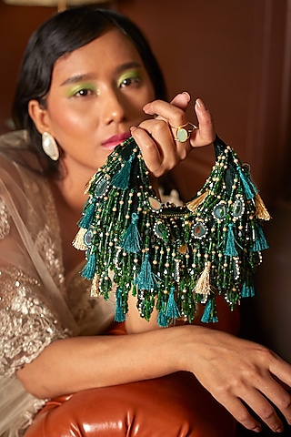 Green Velvet Mirror & Pearl Embellished Boat Bag by Forever Noor