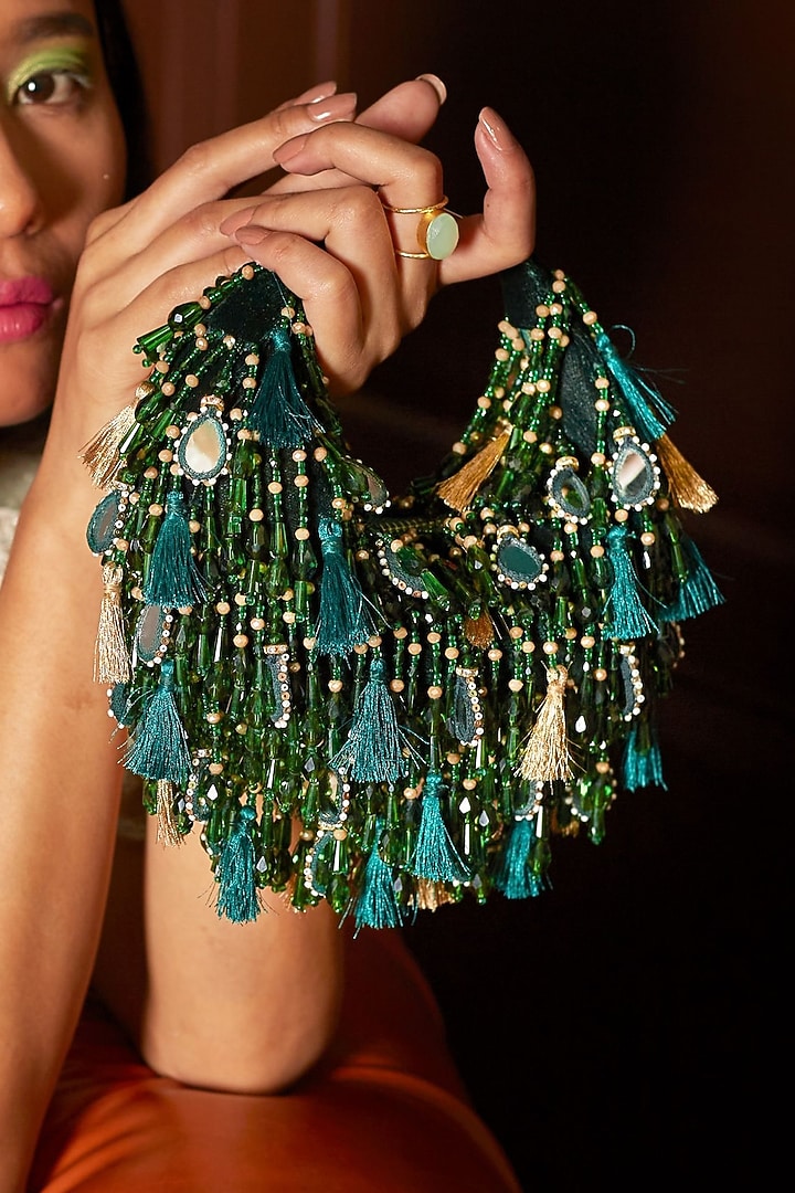 Green Velvet Mirror & Pearl Embellished Boat Bag by Forever Noor at Pernia's Pop Up Shop