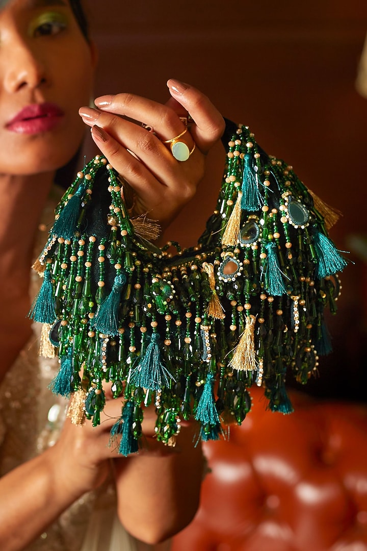 Green Velvet Mirror & Pearl Embellished Boat Bag by Forever Noor at Pernia's Pop Up Shop
