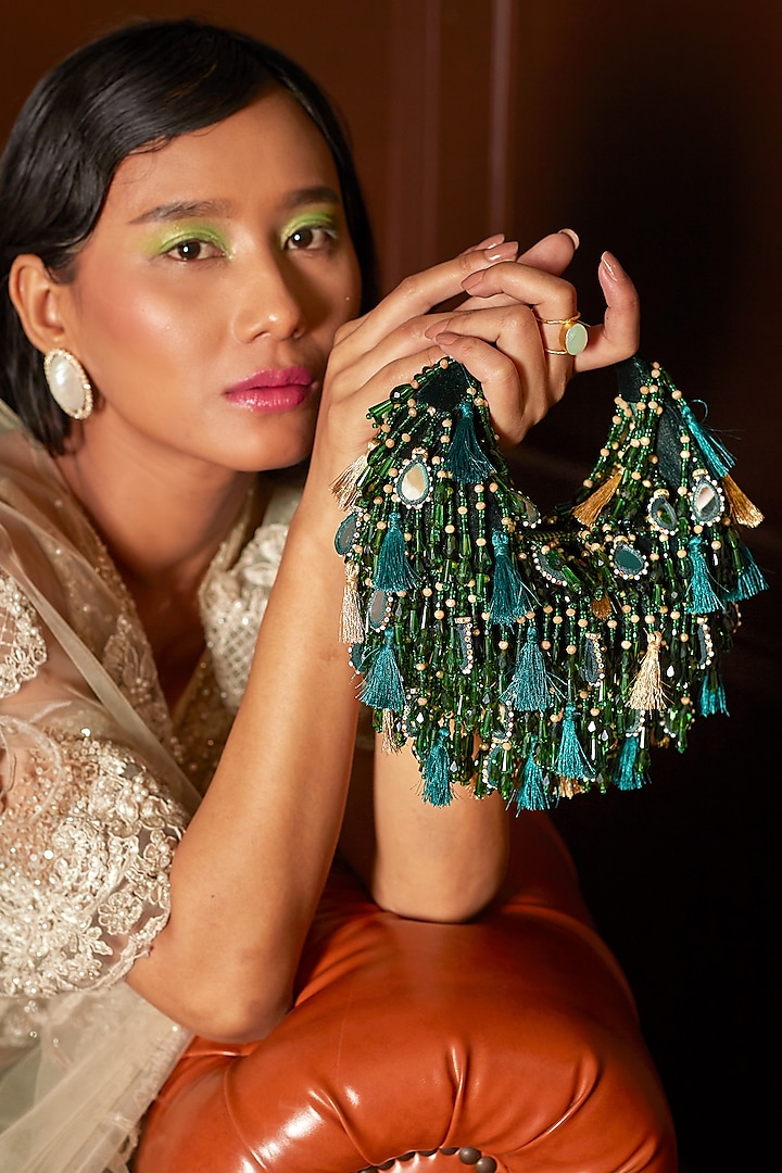 Green Velvet Mirror & Pearl Embellished Boat Bag by Forever Noor at Pernia's Pop Up Shop