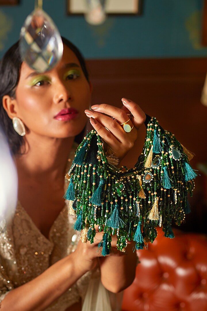 Green Velvet Mirror & Pearl Embellished Boat Bag by Forever Noor at Pernia's Pop Up Shop