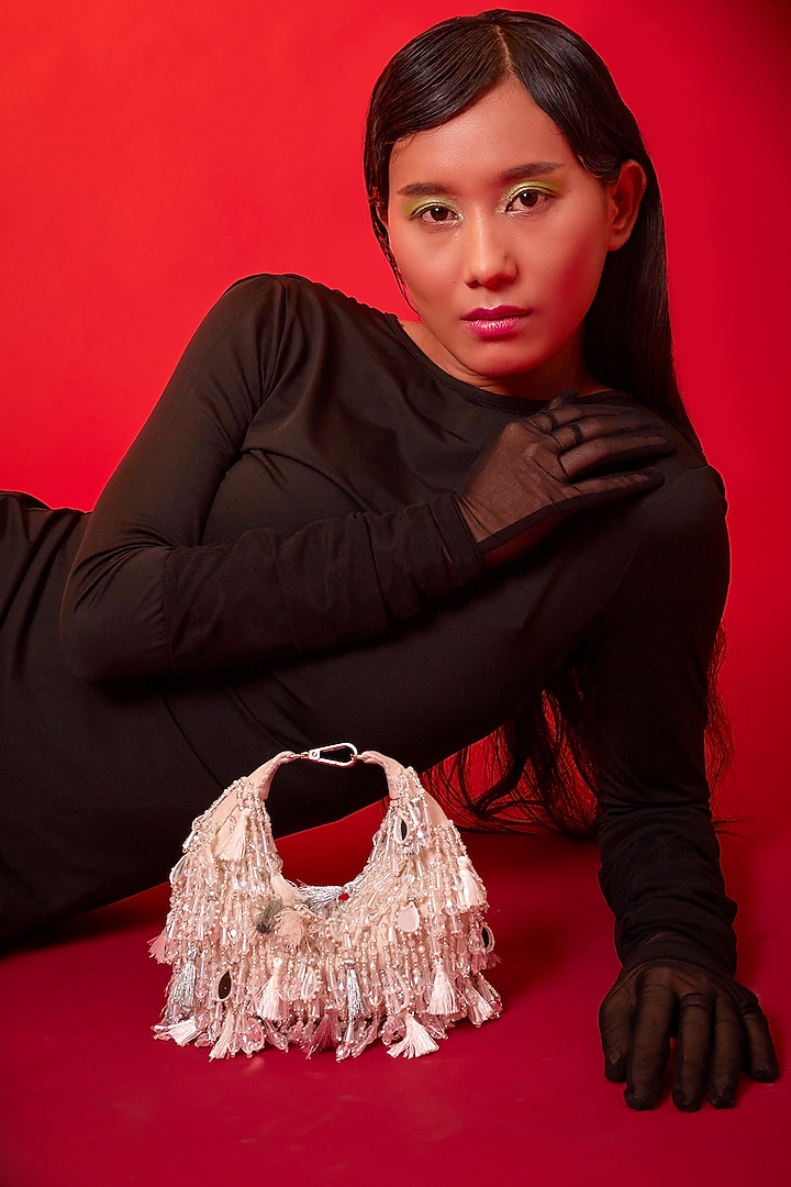 White Velvet Mirror & Pearl Embellished Boat Bag by Forever Noor at Pernia's Pop Up Shop