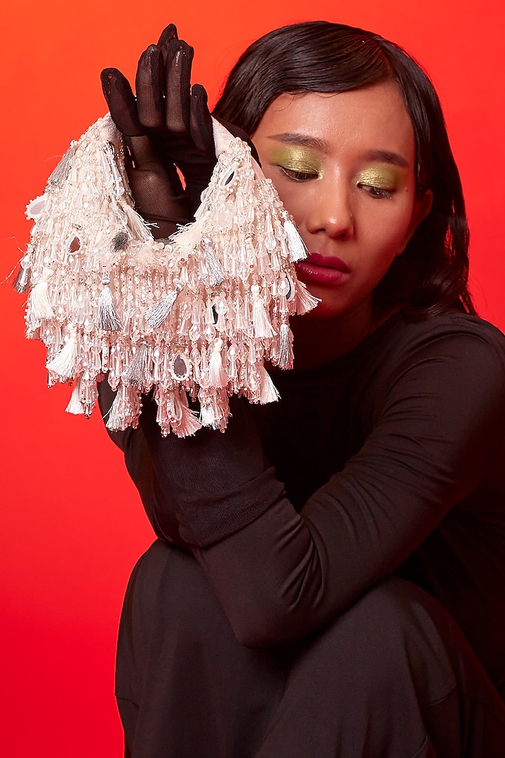 White Velvet Mirror & Pearl Embellished Boat Bag by Forever Noor at Pernia's Pop Up Shop