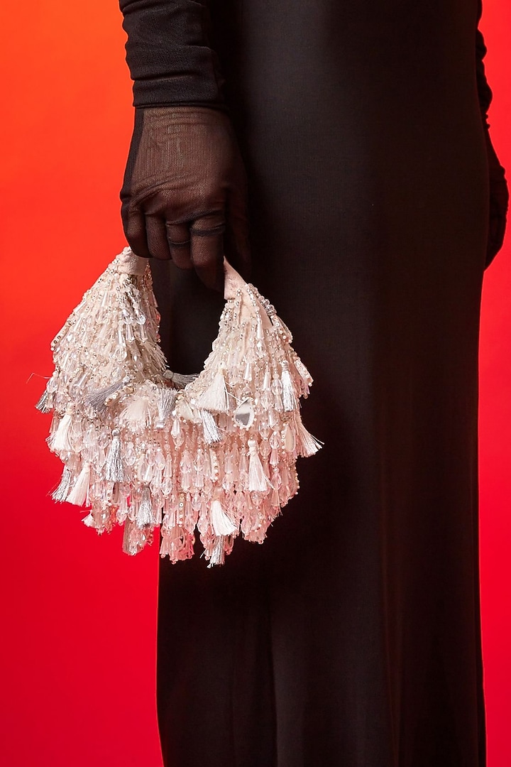White Velvet Mirror & Pearl Embellished Boat Bag by Forever Noor at Pernia's Pop Up Shop