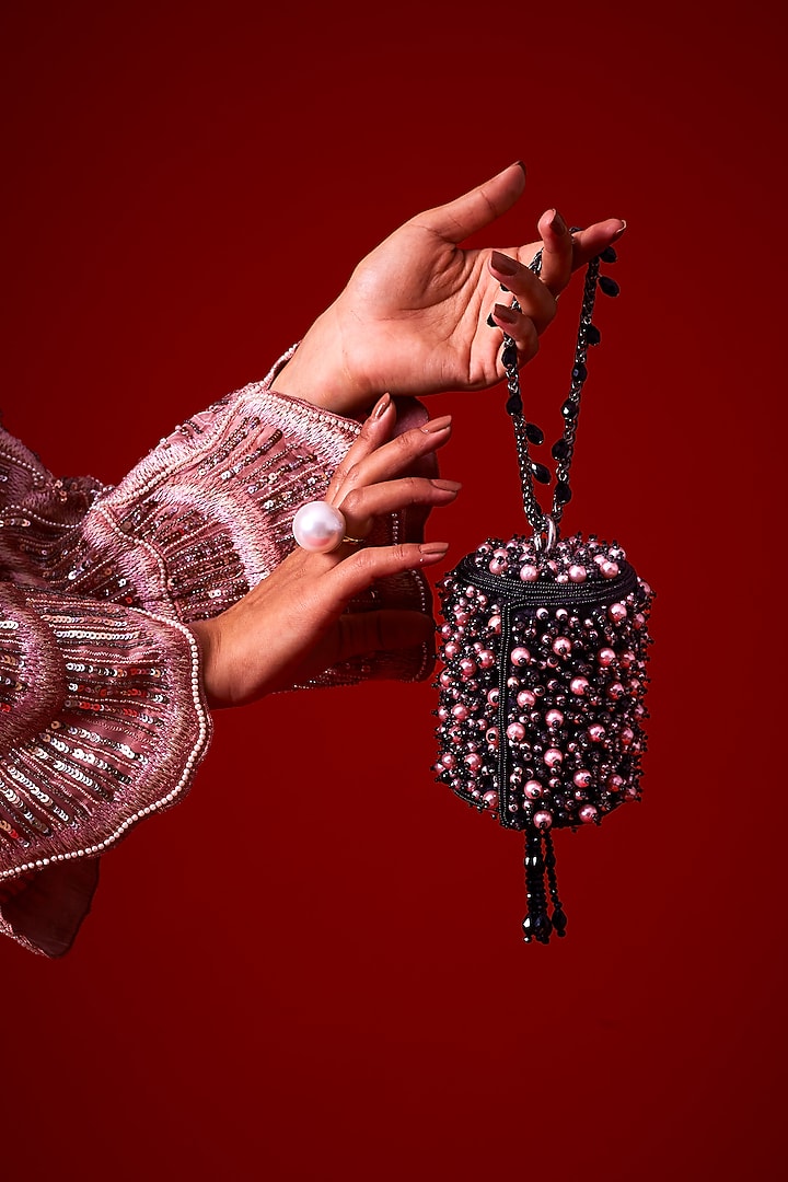 Black Suede Pearl Work Mini Bucket Bag by Forever Noor at Pernia's Pop Up Shop