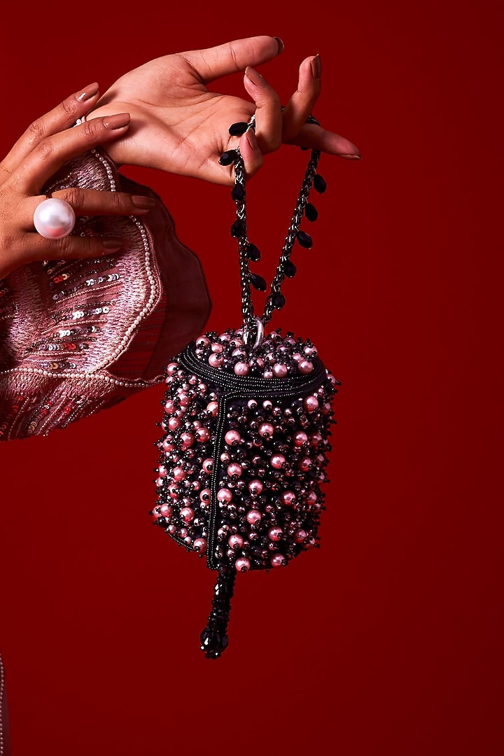 Black Suede Pearl Work Mini Bucket Bag by Forever Noor at Pernia's Pop Up Shop