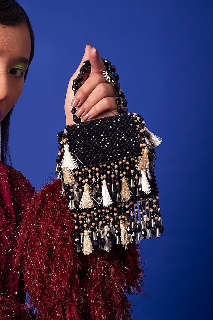 Black Crystal Latkan Work Mini Bag by Forever Noor at Pernia's Pop Up Shop