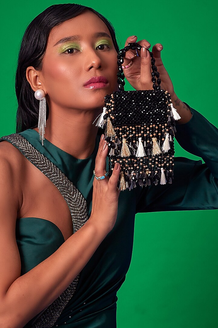Black Crystal Latkan Work Mini Bag by Forever Noor at Pernia's Pop Up Shop